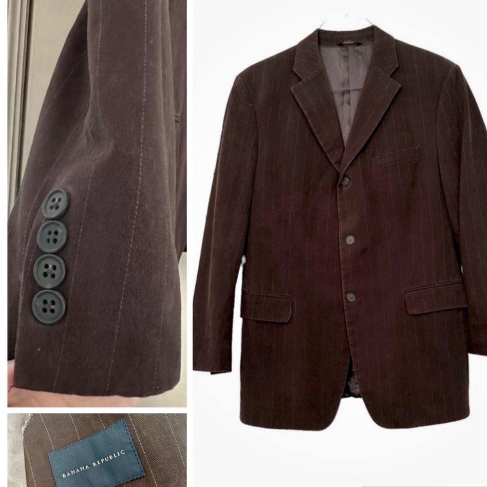Vtg Banana Republic Blazer Chocolate Brown Pin Strip 44 R